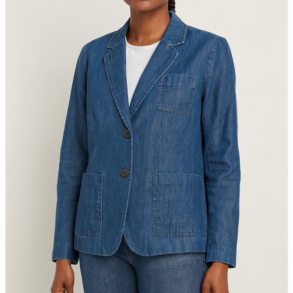 Talbots Double Button Denim Chambray Blazer Jacket Blue 8 - Picture 1 of 7